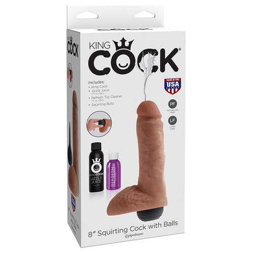 King Cock 8in Squirting Cock/Balls Tan