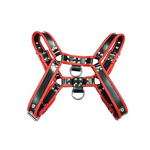  Leather Harness - BLACK W/RED Piping Lg