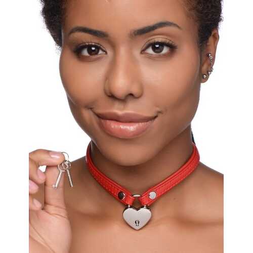 Heart Lock Leather Choker with Lock and Key - Red