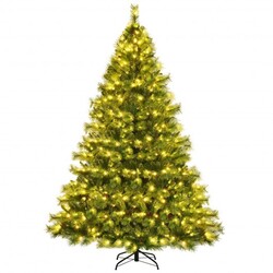 Category: Dropship Seasonal, SKU #CM23499US, Title: Pre-lit Hinged Christmas Tree wth Glitter Tips and Pine Cones-8 ft - Color: Green - Size: 8 ft