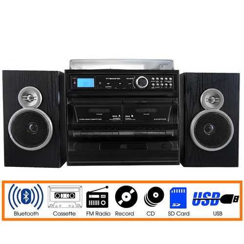 Trexonic 3-Speed Vinyl Turntable Home Stereo System with CD Player, Dual Cassette Player, Bluetooth, FM Radio &amp; USB/SD Recording and Wired Shelf Speakers