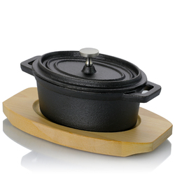 Gibson Home Campton 0.35 Quart Mini Oval Cast Iron Casserole Dutch Oven with Lid and Wooden Base