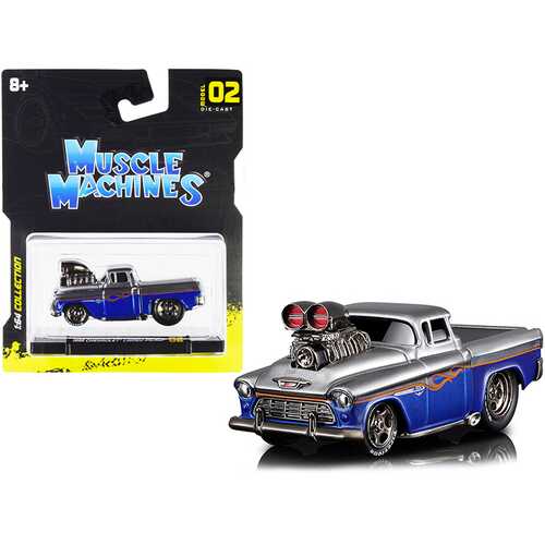 1955 Chevrolet Cameo Pickup Truck Gray and Blue Metallic with Flames 1/64 Diecast Model Car by Muscle Machines