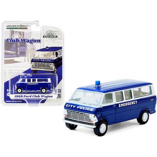1969 Ford Club Wagon Bus Dark Blue and White "City Police Emergency" "Hobby Exclusive" 1/64 Diecast Model Car by Greenlight