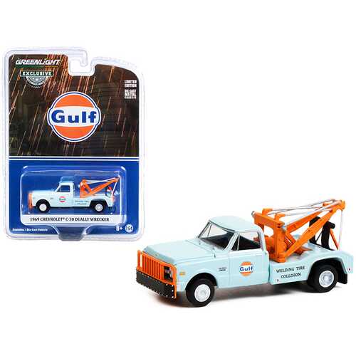 1969 Chevrolet C-30 Dually Wrecker Tow Truck "Gulf Oil" Light Blue "Welding Tire Collision" "Hobby Exclusive" 1/64 Diecast Model Car by Greenlight