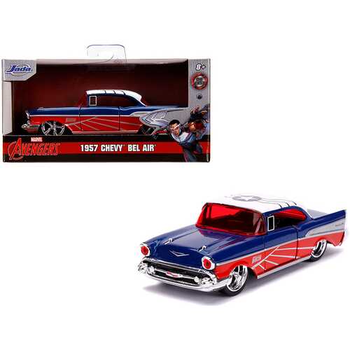 1957 Chevrolet Bel Air Blue Metallic and Red with White Top "Falcon" "Avengers" "Marvel" Series 1/32 Diecast Model Car by Jada