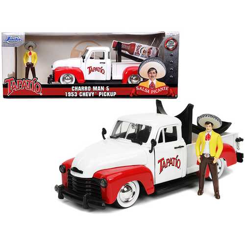 1953 Chevrolet Pickup Truck White and Red with Charro Man Diecast Figurine "Tapatio" 1/24 Diecast Model Car by Jada