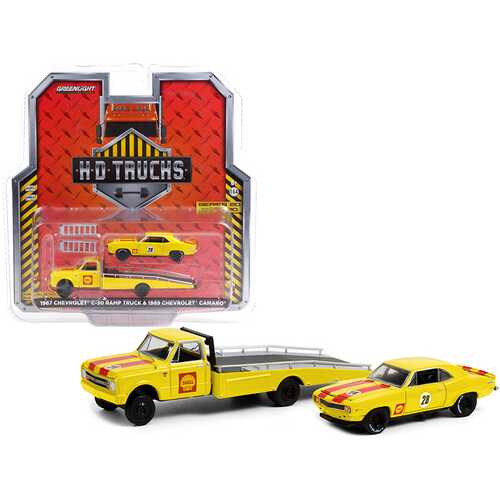 1967 Chevrolet C-30 Ramp Truck and 1969 Chevrolet Camaro #28 "Shell Oil" Yellow with Red Stripes "H.D. Trucks" Series 20 1/64 Diecast Model Cars by Greenlight