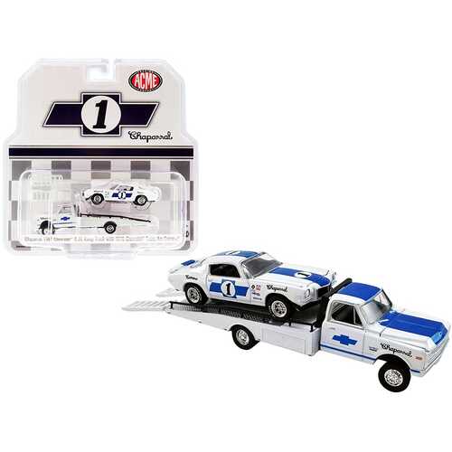 1967 Chevrolet C-30 Ramp Truck with 1970 Chevrolet Trans Am Camaro #1 White with Blue Stripes "Chaparral" "Acme Exclusive" 1/64 Diecast Model Cars by Greenlight for ACME