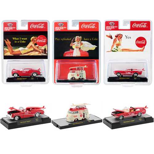 "Coca-Cola Bathing Beauties" Set of 3 Cars with Surfboards Release 2 Limited Edition to 6980 pieces Worldwide 1/64 Diecast Model Cars by M2 Machines