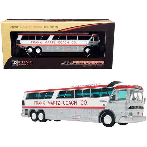 1970 MCI MC-7 Challenger Intercity Motorcoach Bus "Charter" "Frank Martz Coach Co." White and Silver with Red Stripes "Vintage Bus & Motorcoach Collection" 1/87 (HO) Diecast Model by Ic