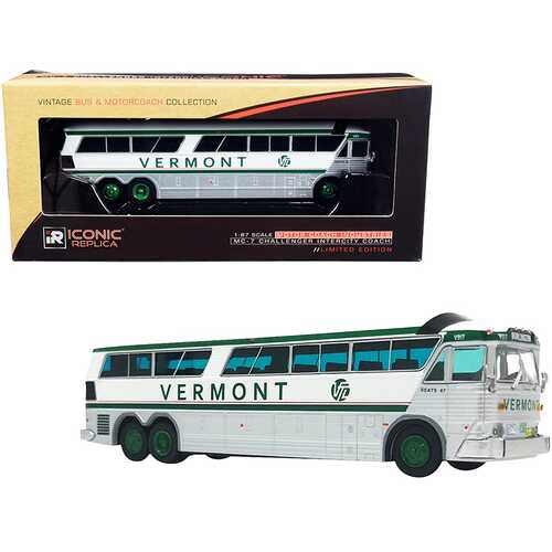 1970 MCI MC-7 Challenger Intercity Motorcoach Bus "Burlington" "Vermont Transit Lines" White and Silver with Green Stripes "Vintage Bus & Motorcoach Collection" 1/87 (HO) Diecast Model