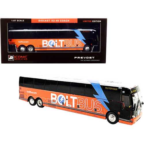 Prevost X3-45 Coach Bus "Bolt for a Buck" Orange and White "Bolt Bus" 1/87 (HO) Diecast Model by Iconic Replicas