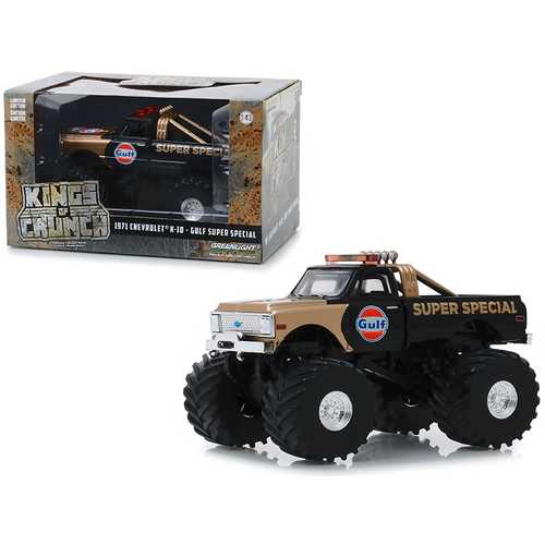 1971 Chevrolet K-10 Monster Truck "Gulf Super Special" Black and Gold with 66-Inch Tires "Kings of Crunch" 1/43 Diecast Model Car by Greenlight