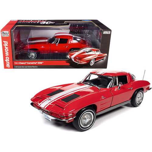 1963 Chevrolet Corvette Stingray Z06 Riverside Red with White Stripes "American Muscle 30th Anniversary" 1/18 Diecast Model Car by Autoworld