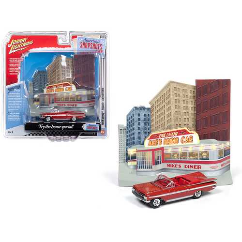 1959 Chevrolet Impala Convertible Red with "Mike's Diner" Front Facade Diorama Set "American Snapshots" 1/64 Diecast Model Car by Johnny Lightning
