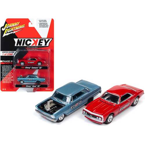 1965 Chevrolet Nova SS Blue Metallic and 1967 Chevrolet Camaso SS Red 2 piece Set "Nickey" Limited Edition to 2244 pieces Worldwide 1/64 Diecast Model Cars by Johnny Lightning