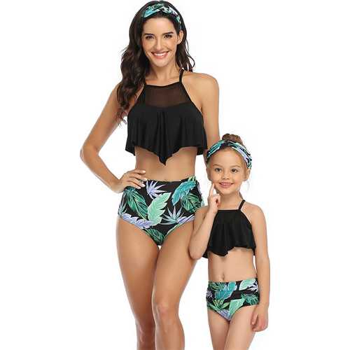 Black Solid Top and Floral Printed Bottom High Waist Swimwear Set
