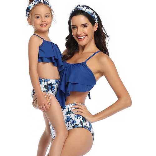Blue Solid Ruffled Top and Floral Printed Bottom High Waist Swimwear Set