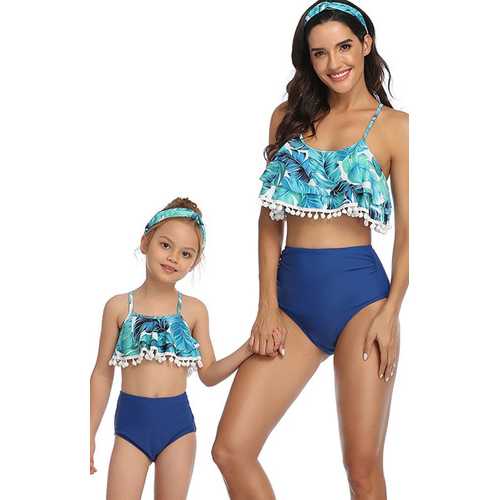 Blue Floral Printed Tassel Top Solid Bottom Two piece Swimwear