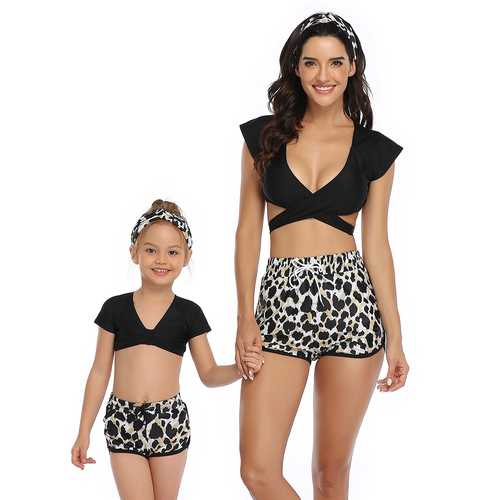 Black Top and Leopard Bottom Two Pieces  Matching Swimwear
