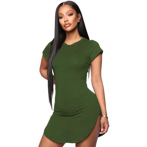 Women Bodycon Dress Army Green Sexy Tight Irregular Hem Short Sleeve Mini T-Shirt Dress