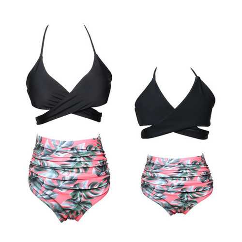 Black Crisscross Leaves Print Girl Swimwear  Family Matching Bikini Set