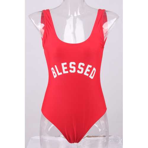 Fashion One Piece Letter Printed Bikini BLESSED Red