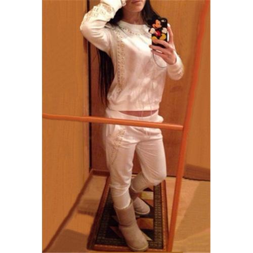 Fashion Skull Sequined Long-sleeve Hoody and Long Pants Set White