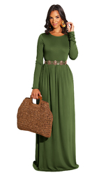 Army Green Long Sleeve O-Neck Casual Maxi Dress( Not including the waistband)