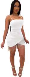 White Sexy Bodycon Dress Women Strap Tassels Dress With Real Silver Stone
