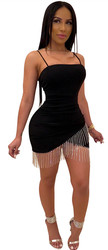 Black Sexy Bodycon Dress Women Strap Tassels Dress With Real Silver Stone