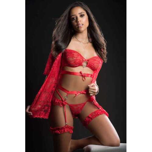 4pc Mini Robe Hiphugger and Bra Lingerie Garter  Set - One Size - Candy Red