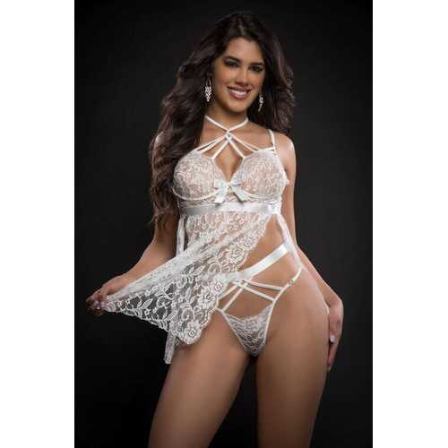 2pc Strappy Halter Laced Babydoll With Side Slits and Open Back - One Size - White