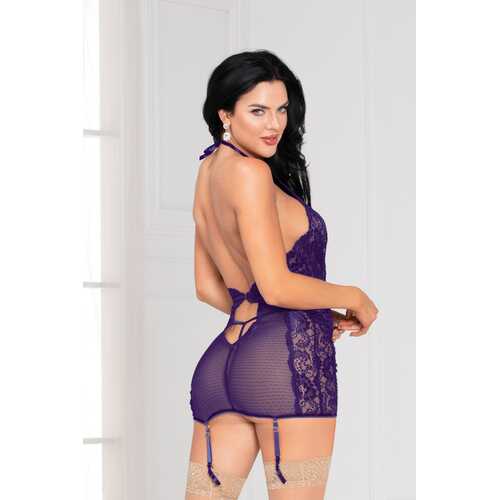Lace and Mesh Chemise Set - One Size - Purple