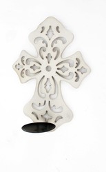 15.5" x 5" x 11" White Wooden Cross - Candle Holder Sconce