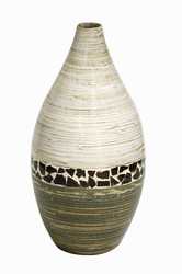 10" X 10" X 20" Distressed White And Green W/ Coconut Shell Bamboo Spun Bamboo Vase