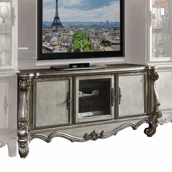 21" X 74" X 31" Antique Platinum Wood Poly Resin Glass TV Console