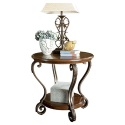 Accent End Table Nightstand in Brown Wood with Scrolling Metal Legs