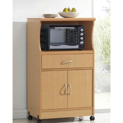 Beech Wood Microwave Cart Kitchen Cabinet with Wheels and Storage Drawer