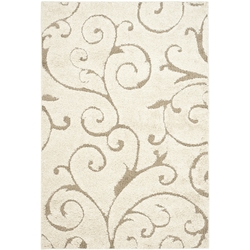 3'3 x 5'3 Shag Area Rug in Beige Off White with Scrolling Floral Pattern